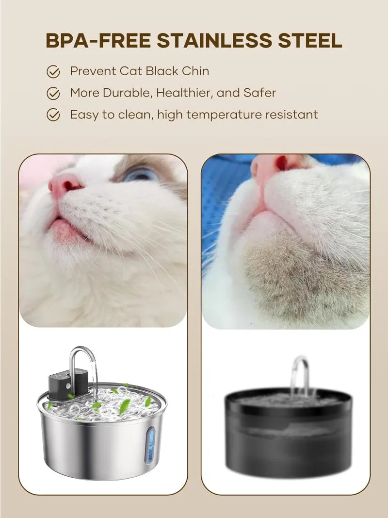 3.2L Wireless Stainless Steel Cat Water Fountain with 4000Mah Battery & Sensor Automatic Filtration Pet Water Drinker Dispenser