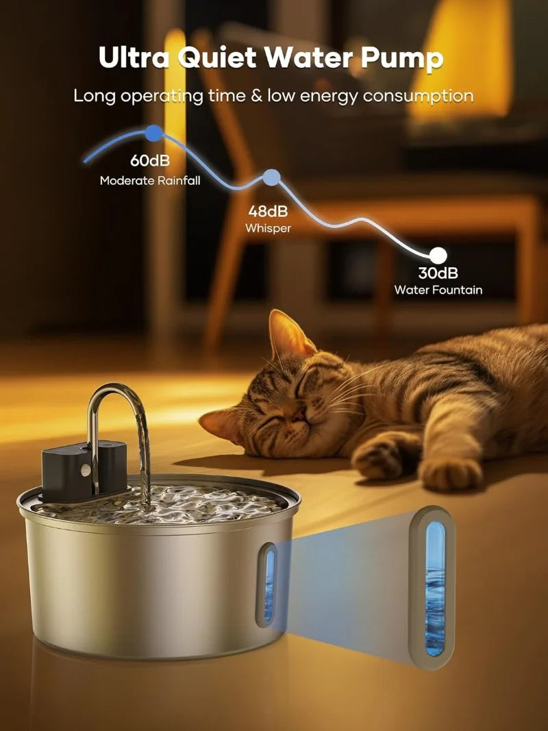 3.2L Wireless Stainless Steel Cat Water Fountain with 4000Mah Battery & Sensor Automatic Filtration Pet Water Drinker Dispenser